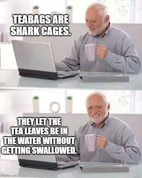 Tea Shark Cage |  TEABAGS ARE SHARK CAGES. THEY LET THE TEA LEAVES BE IN THE WATER WITHOUT GETTING SWALLOWED. | image tagged in sharks,tea bag,shower thoughts,drink | made w/ Imgflip meme maker