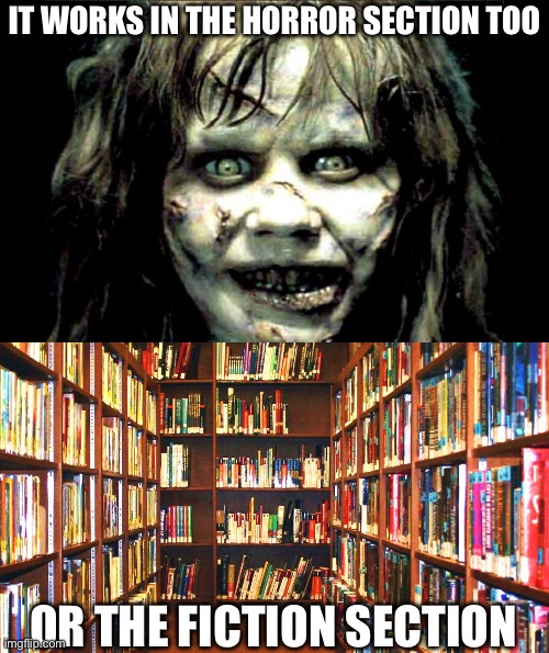 OR THE FICTION SECTION IT WORKS IN THE HORROR SECTION TOO | image tagged in scariest horror movie words,library | made w/ Imgflip meme maker