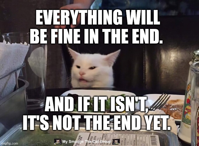 EVERYTHING WILL BE FINE IN THE END. AND IF IT ISN'T, IT'S NOT THE END YET. | image tagged in smudge the cat | made w/ Imgflip meme maker