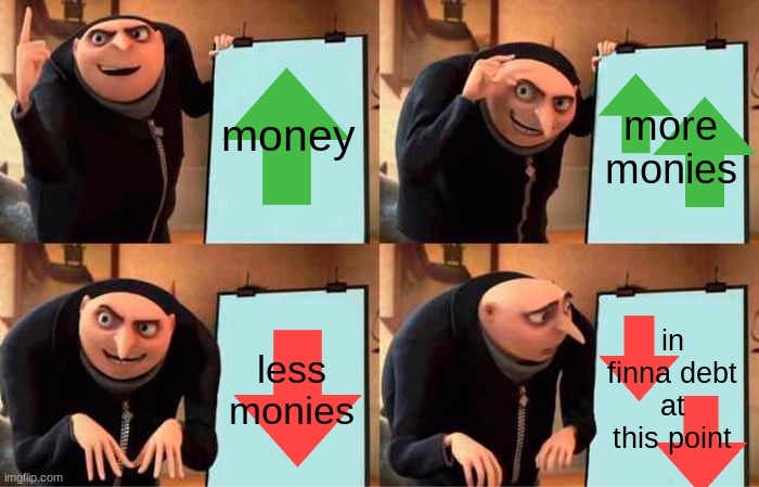 stonks | money; more monies; less monies; in finna debt at this point | image tagged in memes,gru's plan | made w/ Imgflip meme maker