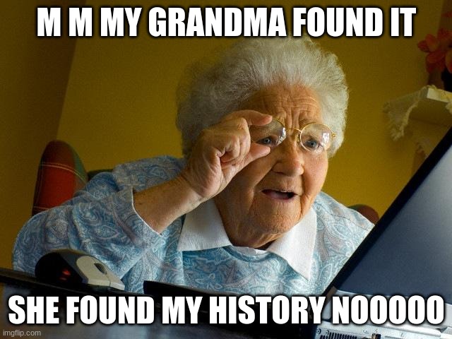 nooooo | M M MY GRANDMA FOUND IT; SHE FOUND MY HISTORY NOOOOO | image tagged in memes,grandma finds the internet | made w/ Imgflip meme maker