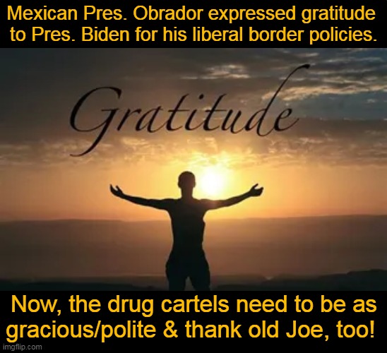 Obviously BAD policy for our country except for those who place Americans LAST. | Mexican Pres. Obrador expressed gratitude 
to Pres. Biden for his liberal border policies. Now, the drug cartels need to be as
gracious/polite & thank old Joe, too! | image tagged in politics,joe biden,open borders,drugs,crime,drug dealers | made w/ Imgflip meme maker