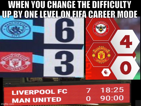 Ten Hag be struggling like that | WHEN YOU CHANGE THE DIFFICULTY UP BY ONE LEVEL ON FIFA CAREER MODE | image tagged in manchester united | made w/ Imgflip meme maker