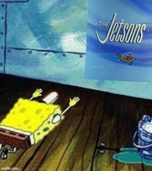 spongebob worships the jetsons | image tagged in spongebob worship,hanna barbera,the jetsons | made w/ Imgflip meme maker