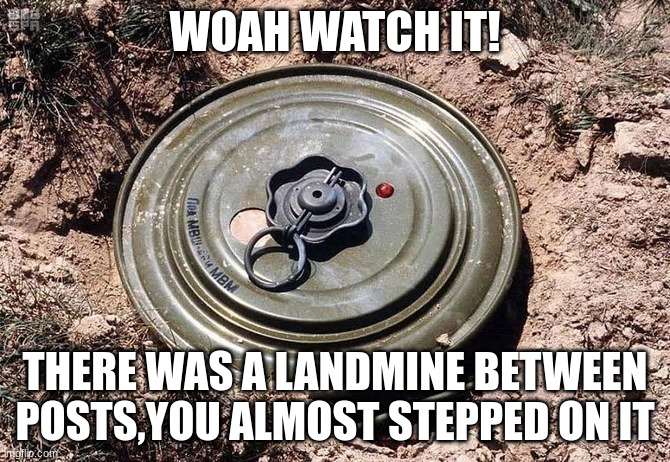 Landmine | WOAH WATCH IT! THERE WAS A LANDMINE BETWEEN POSTS,YOU ALMOST STEPPED ON IT | image tagged in memes,funny,bomb,trap,afghanistan,bosnia | made w/ Imgflip meme maker