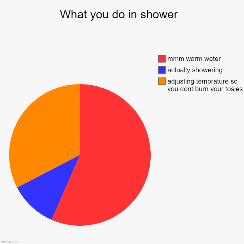 Shower chart | What you do in shower  | adjusting temprature so you dont burn your tosies, actually showering, mmm warm water | image tagged in charts,pie charts | made w/ Imgflip chart maker