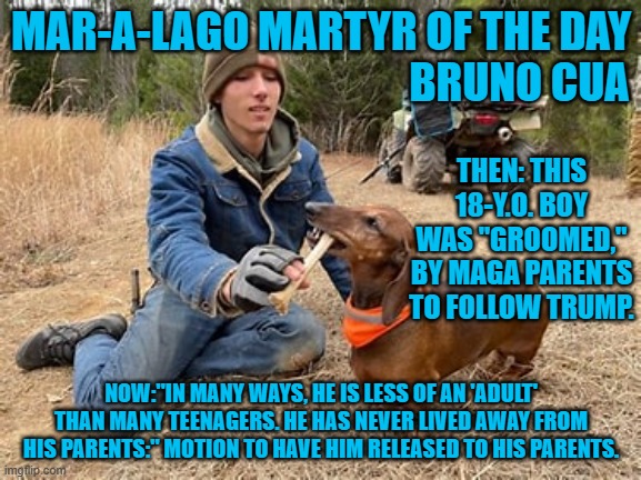 "It's time to take our freedom back the old fashioned way."--Cua on Parler 1-4-2020. | MAR-A-LAGO MARTYR OF THE DAY
                                              BRUNO CUA; THEN: THIS 18-Y.O. BOY WAS "GROOMED," BY MAGA PARENTS TO FOLLOW TRUMP. NOW:"IN MANY WAYS, HE IS LESS OF AN 'ADULT' THAN MANY TEENAGERS. HE HAS NEVER LIVED AWAY FROM HIS PARENTS:" MOTION TO HAVE HIM RELEASED TO HIS PARENTS. | image tagged in politics | made w/ Imgflip meme maker