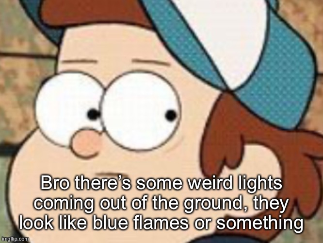 Dipper pines | Bro there’s some weird lights coming out of the ground, they look like blue flames or something | image tagged in dipper pines | made w/ Imgflip meme maker