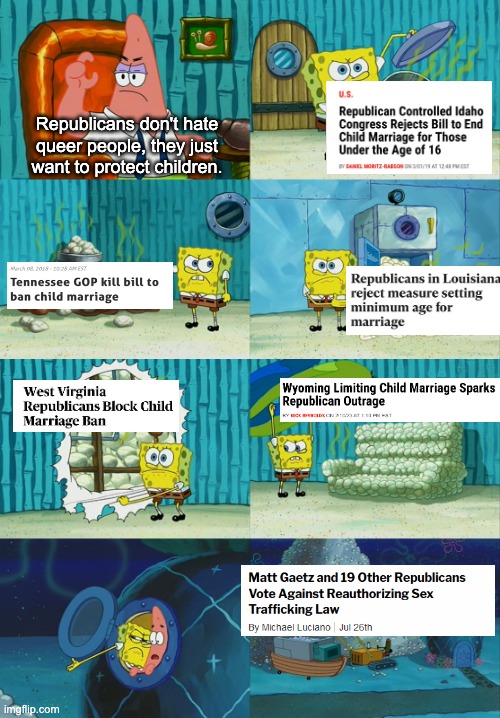 Republicans are Groomers | Republicans don't hate queer people, they just want to protect children. | image tagged in spongebob diapers meme,groomer,lgbtq,transgender,republicans | made w/ Imgflip meme maker