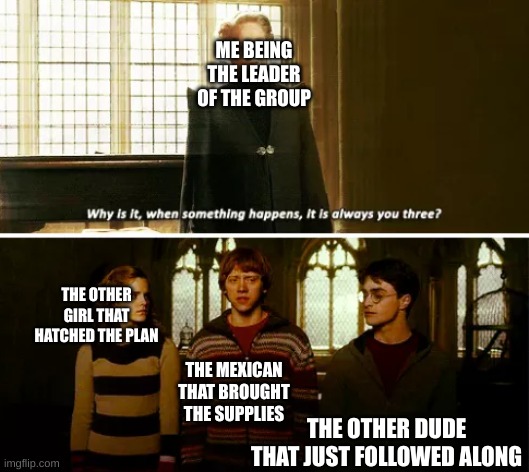 Ahem | ME BEING THE LEADER OF THE GROUP; THE OTHER GIRL THAT HATCHED THE PLAN; THE MEXICAN THAT BROUGHT THE SUPPLIES; THE OTHER DUDE THAT JUST FOLLOWED ALONG | image tagged in always you three | made w/ Imgflip meme maker