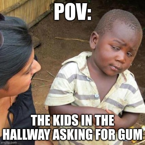gum | POV:; THE KIDS IN THE HALLWAY ASKING FOR GUM | image tagged in memes,third world skeptical kid | made w/ Imgflip meme maker