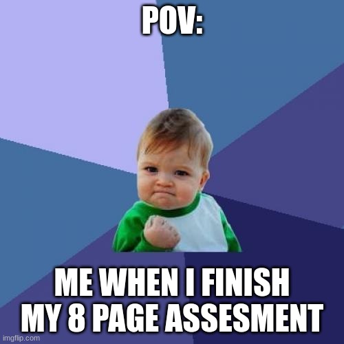 assesment | POV:; ME WHEN I FINISH MY 8 PAGE ASSESMENT | image tagged in memes,success kid | made w/ Imgflip meme maker