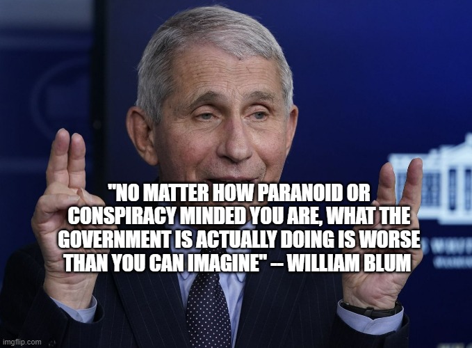 Anthony Fauci | "NO MATTER HOW PARANOID OR CONSPIRACY MINDED YOU ARE, WHAT THE GOVERNMENT IS ACTUALLY DOING IS WORSE THAN YOU CAN IMAGINE" -- WILLIAM BLUM | image tagged in anthony fauci | made w/ Imgflip meme maker