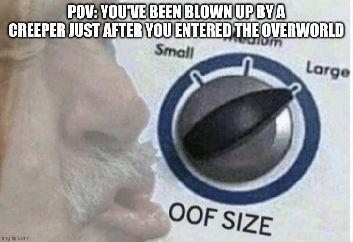 Oof size large | POV: YOU'VE BEEN BLOWN UP BY A CREEPER JUST AFTER YOU ENTERED THE OVERWORLD | image tagged in oof size large | made w/ Imgflip meme maker