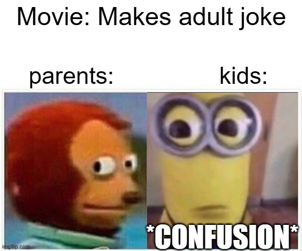 "It's a boy!" "That's it's tail" "It's a girl!" -Ice Age 3 | Movie: Makes adult joke; parents:                kids:; *CONFUSION* | image tagged in memes,monkey puppet | made w/ Imgflip meme maker