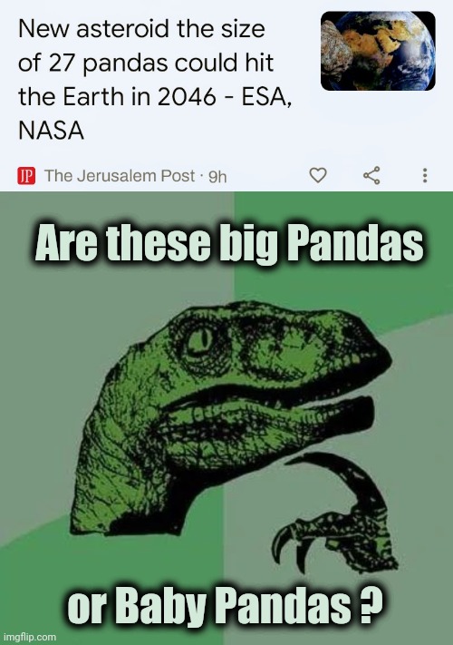 Anything to avoid the Metric system | Are these big Pandas; or Baby Pandas ? | image tagged in raptor asking questions,kung fu panda,well yes but actually no,how about no bear,disaster,death by panda | made w/ Imgflip meme maker