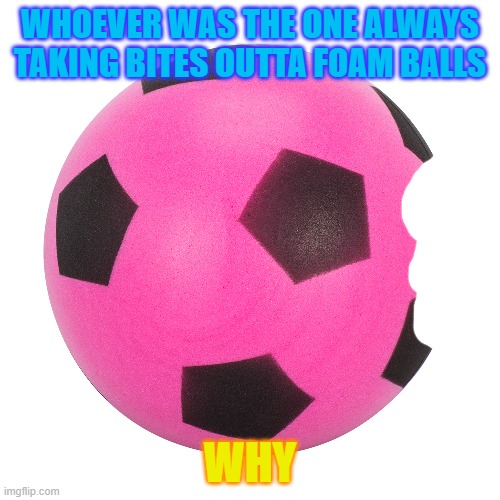 Nostalgic School Memes #2 | WHOEVER WAS THE ONE ALWAYS TAKING BITES OUTTA FOAM BALLS; WHY | image tagged in school,school meme | made w/ Imgflip meme maker