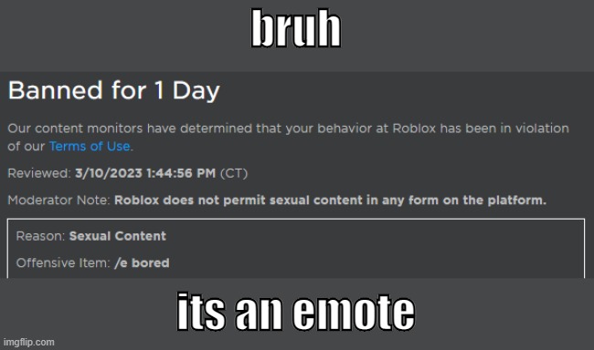 mane what da heck (intense vine booms) | bruh; its an emote | image tagged in banned from roblox | made w/ Imgflip meme maker