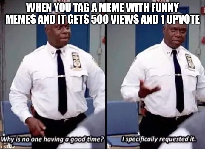 Why is no one having a good time? I specifically requested it |  WHEN YOU TAG A MEME WITH FUNNY MEMES AND IT GETS 500 VIEWS AND 1 UPVOTE | image tagged in why is no one having a good time i specifically requested it,memes,memes about memes,funny memes,funny,relatable | made w/ Imgflip meme maker