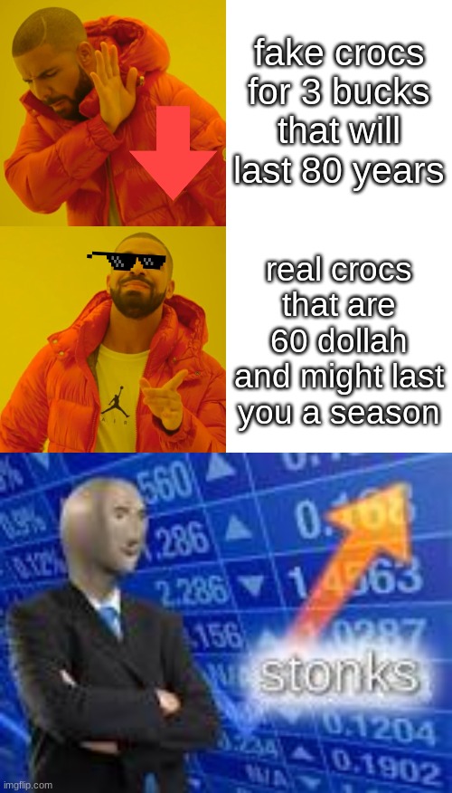 Only true memers wear their crocs in sport mode | fake crocs for 3 bucks that will last 80 years; real crocs that are 60 dollah and might last you a season | image tagged in memes,drake hotline bling | made w/ Imgflip meme maker