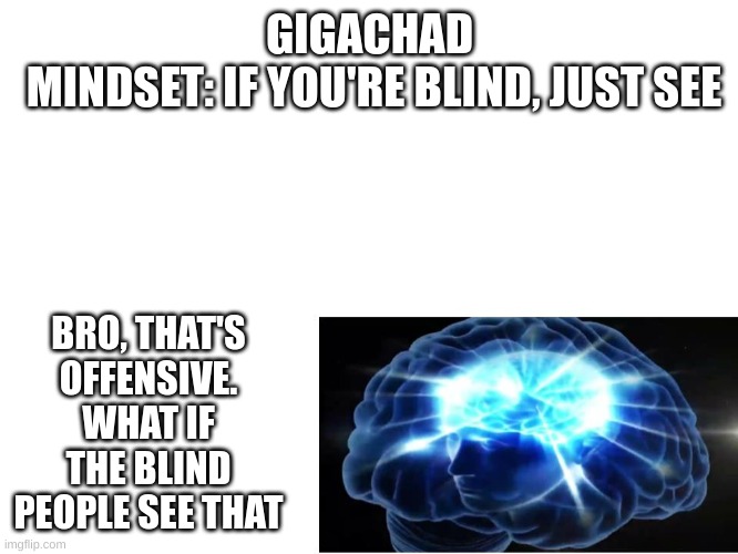 lol | GIGACHAD
 MINDSET: IF YOU'RE BLIND, JUST SEE; BRO, THAT'S OFFENSIVE. WHAT IF THE BLIND PEOPLE SEE THAT | image tagged in memes | made w/ Imgflip meme maker