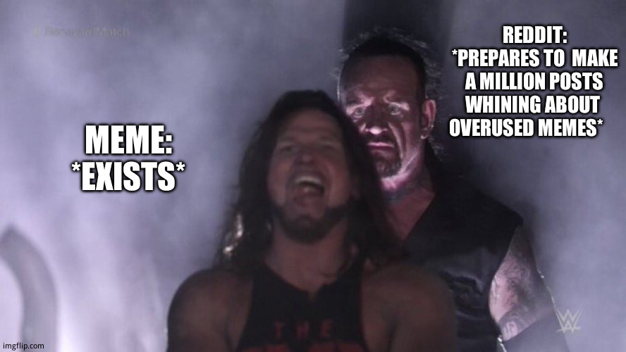 Plot twist: whining about overused memes is an overused meme |  REDDIT: *PREPARES TO  MAKE A MILLION POSTS WHINING ABOUT  OVERUSED MEMES*; MEME: *EXISTS* | image tagged in aj styles undertaker | made w/ Imgflip meme maker