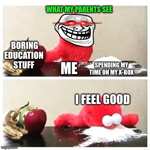 elmo cocaine | WHAT MY PARENTS SEE; BORING EDUCATION STUFF; SPENDING MY TIME ON MY X-BOX; ME; I FEEL GOOD | image tagged in elmo cocaine | made w/ Imgflip meme maker