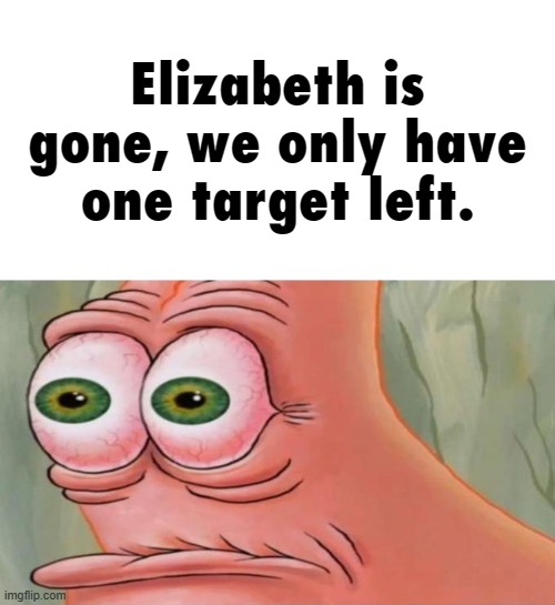 Patrick Disturbed | Elizabeth is gone, we only have one target left. | image tagged in patrick disturbed | made w/ Imgflip meme maker