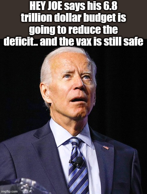 FJB liar | HEY JOE says his 6.8 trillion dollar budget is going to reduce the deficit.. and the vax is still safe | image tagged in joe biden,democrats,nwo | made w/ Imgflip meme maker