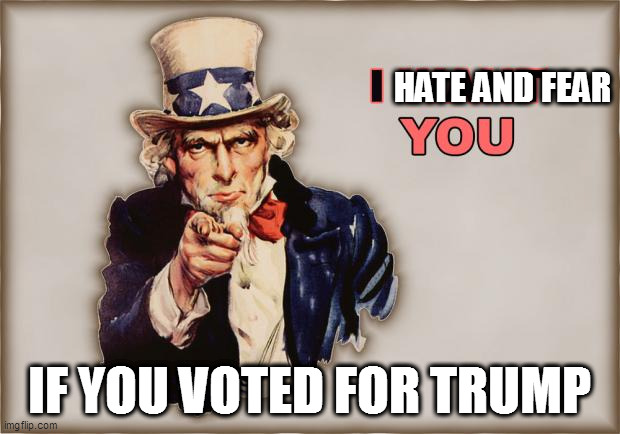 uncle sam wants you | HATE AND FEAR; IF YOU VOTED FOR TRUMP | image tagged in uncle sam wants you | made w/ Imgflip meme maker