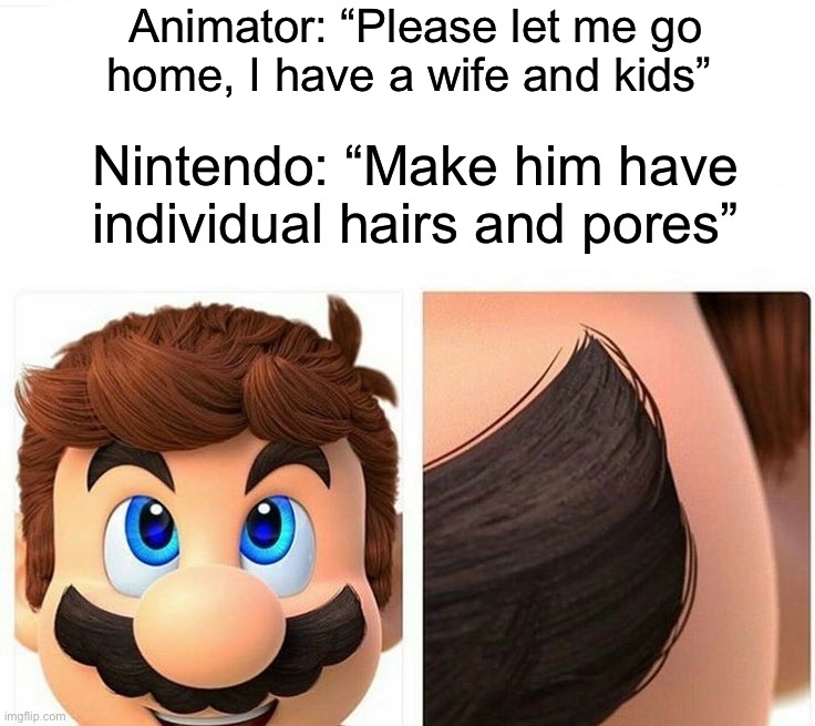 Must’ve taken a while | Animator: “Please let me go home, I have a wife and kids”; Nintendo: “Make him have individual hairs and pores” | image tagged in memes,funny,gaming | made w/ Imgflip meme maker