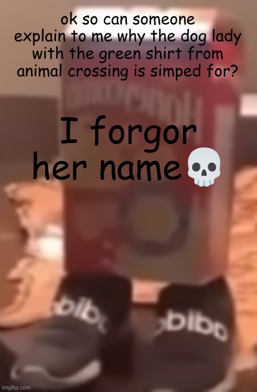I mean it's gotta be personality since the builds of animal crossing characters are simple | ok so can someone explain to me why the dog lady with the green shirt from animal crossing is simped for? I forgor her name💀 | image tagged in homie cereal wid da drippin | made w/ Imgflip meme maker