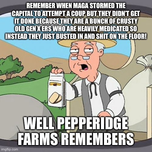 Pepperidge Farm Remembers | REMEMBER WHEN MAGA STORMED THE CAPITAL TO ATTEMPT A COUP BUT THEY DIDN’T GET IT DONE BECAUSE THEY ARE A BUNCH OF CRUSTY OLD GEN X ERS WHO ARE HEAVILY MEDICATED SO INSTEAD THEY JUST BUSTED IN AND SHIT ON THE FLOOR! WELL PEPPERIDGE FARMS REMEMBERS | image tagged in memes,pepperidge farm remembers | made w/ Imgflip meme maker