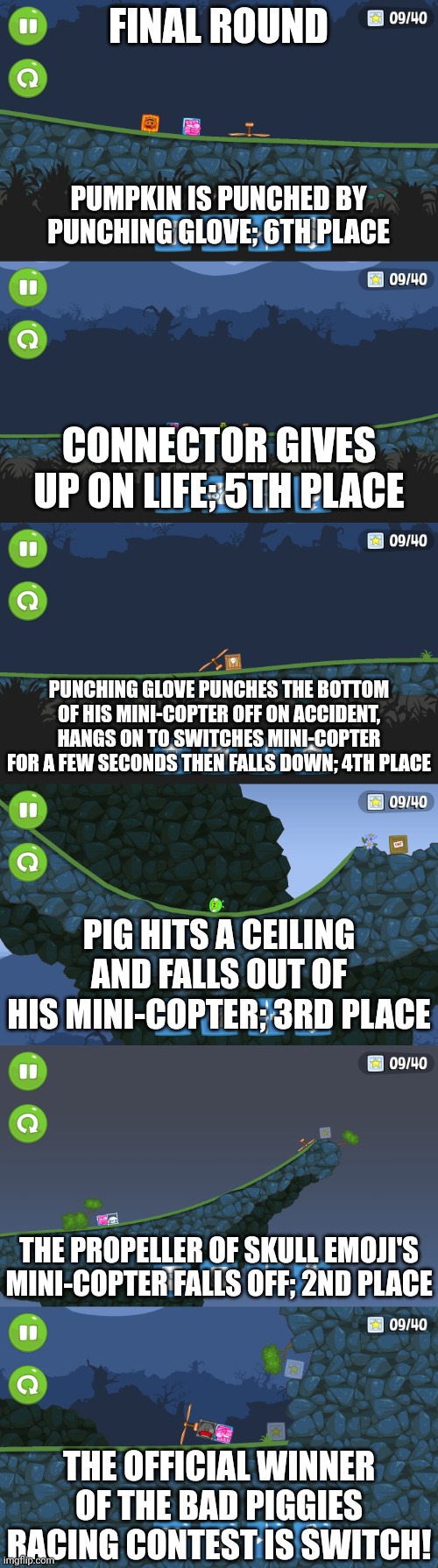 Challenge: Take a shot for everytime I say "mini-copter" in this post and the previous 2 posts I made | FINAL ROUND; PUMPKIN IS PUNCHED BY PUNCHING GLOVE; 6TH PLACE; CONNECTOR GIVES UP ON LIFE; 5TH PLACE; PUNCHING GLOVE PUNCHES THE BOTTOM OF HIS MINI-COPTER OFF ON ACCIDENT, HANGS ON TO SWITCHES MINI-COPTER FOR A FEW SECONDS THEN FALLS DOWN; 4TH PLACE; PIG HITS A CEILING AND FALLS OUT OF HIS MINI-COPTER; 3RD PLACE; THE PROPELLER OF SKULL EMOJI'S MINI-COPTER FALLS OFF; 2ND PLACE; THE OFFICIAL WINNER OF THE BAD PIGGIES RACING CONTEST IS SWITCH! | made w/ Imgflip meme maker