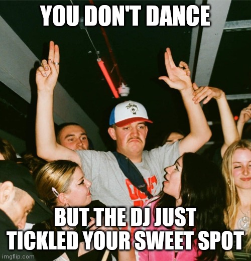 Dancing With Disdain | YOU DON'T DANCE; BUT THE DJ JUST TICKLED YOUR SWEET SPOT | image tagged in dance,club,dj | made w/ Imgflip meme maker
