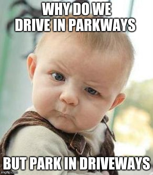 Confused Baby | WHY DO WE DRIVE IN PARKWAYS; BUT PARK IN DRIVEWAYS | image tagged in confused baby | made w/ Imgflip meme maker