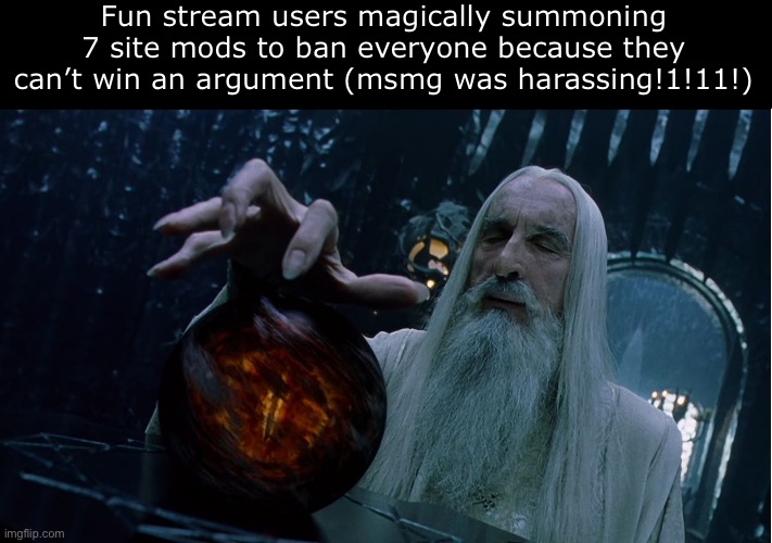 Hhhh | Fun stream users magically summoning 7 site mods to ban everyone because they can’t win an argument (msmg was harassing!1!11!) | image tagged in saruman magically summoning | made w/ Imgflip meme maker
