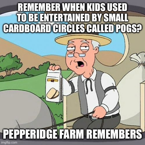 Who Remembers Pogs? | REMEMBER WHEN KIDS USED TO BE ENTERTAINED BY SMALL CARDBOARD CIRCLES CALLED POGS? PEPPERIDGE FARM REMEMBERS | image tagged in pepperidge farm remembers,pogs,the good old days,kids,1990s | made w/ Imgflip meme maker