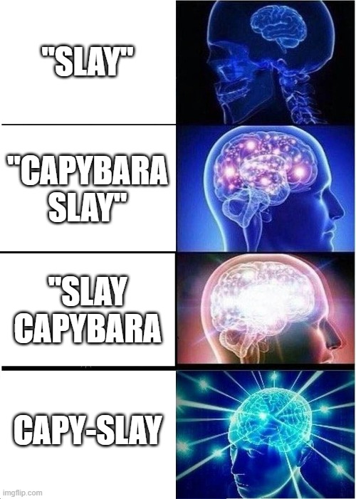 Expanding Brain Meme | "SLAY"; "CAPYBARA SLAY"; "SLAY CAPYBARA; CAPY-SLAY | image tagged in memes,expanding brain | made w/ Imgflip meme maker