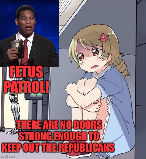 Anime Girl Hiding from Terminator | THERE ARE NO DOORS STRONG ENOUGH TO KEEP OUT THE REPUBLICANS FETUS PATROL! | image tagged in anime girl hiding from terminator | made w/ Imgflip meme maker