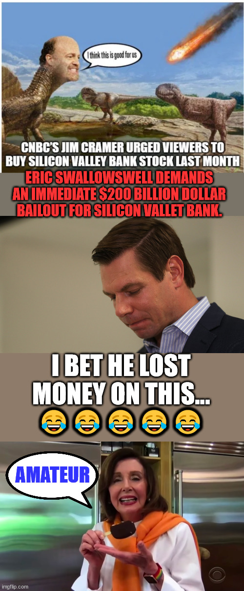 Rookie mistakes... |  ERIC SWALLOWSWELL DEMANDS AN IMMEDIATE $200 BILLION DOLLAR BAILOUT FOR SILICON VALLET BANK. I BET HE LOST MONEY ON THIS... 😂😂😂😂😂; AMATEUR | image tagged in rep eric swalwell sad,nancy pelosi ice cream,inside,trading | made w/ Imgflip meme maker