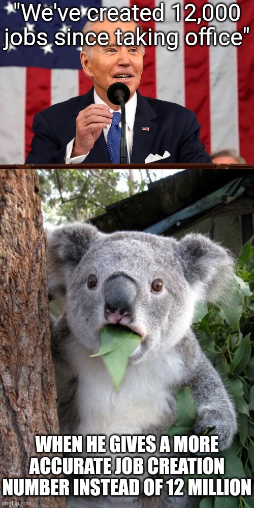 "Created" | "We've created 12,000 jobs since taking office"; WHEN HE GIVES A MORE ACCURATE JOB CREATION NUMBER INSTEAD OF 12 MILLION | image tagged in biden speech on ufos,memes,surprised koala | made w/ Imgflip meme maker