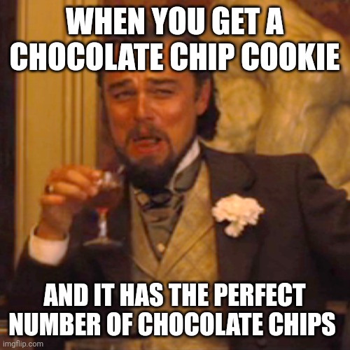 Perfect chocolate chip cookie | WHEN YOU GET A CHOCOLATE CHIP COOKIE; AND IT HAS THE PERFECT NUMBER OF CHOCOLATE CHIPS | image tagged in memes,laughing leo | made w/ Imgflip meme maker