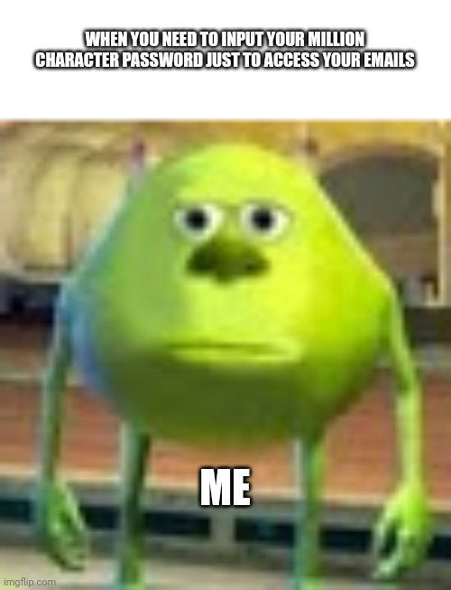 Why did I come up with this password?!?!? | WHEN YOU NEED TO INPUT YOUR MILLION CHARACTER PASSWORD JUST TO ACCESS YOUR EMAILS; ME | image tagged in sully wazowski | made w/ Imgflip meme maker