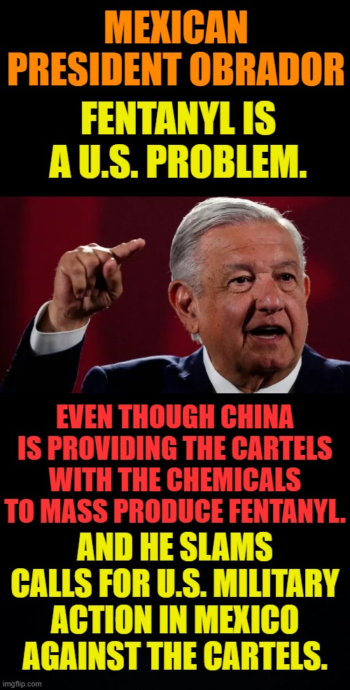 Now Why Would He Be Protecting The Cartels? | MEXICAN PRESIDENT OBRADOR; FENTANYL IS A U.S. PROBLEM. EVEN THOUGH CHINA IS PROVIDING THE CARTELS WITH THE CHEMICALS TO MASS PRODUCE FENTANYL. AND HE SLAMS CALLS FOR U.S. MILITARY ACTION IN MEXICO AGAINST THE CARTELS. | image tagged in memes,politics,mexico,president,protection,cartels | made w/ Imgflip meme maker