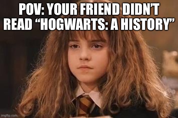 Harry Potter - Miss Granger is NOT amused | POV: YOUR FRIEND DIDN’T READ “HOGWARTS: A HISTORY” | image tagged in harry potter - miss granger is not amused | made w/ Imgflip meme maker