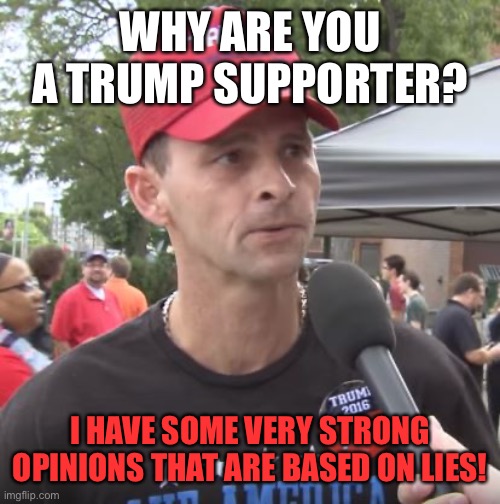 Trump supporter | WHY ARE YOU A TRUMP SUPPORTER? I HAVE SOME VERY STRONG OPINIONS THAT ARE BASED ON LIES! | image tagged in trump supporter | made w/ Imgflip meme maker