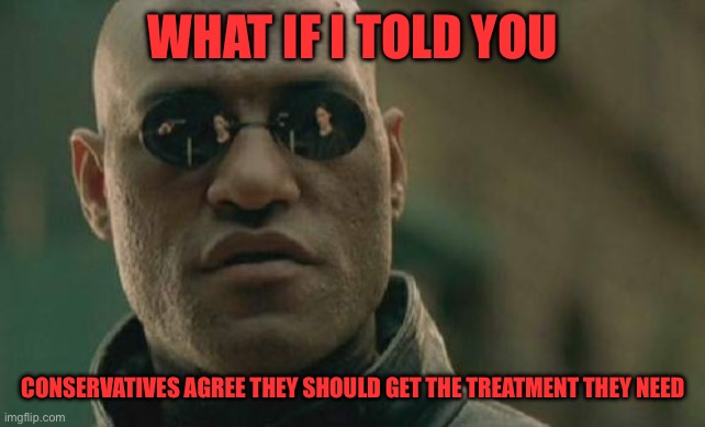 Matrix Morpheus Meme | WHAT IF I TOLD YOU CONSERVATIVES AGREE THEY SHOULD GET THE TREATMENT THEY NEED | image tagged in memes,matrix morpheus | made w/ Imgflip meme maker