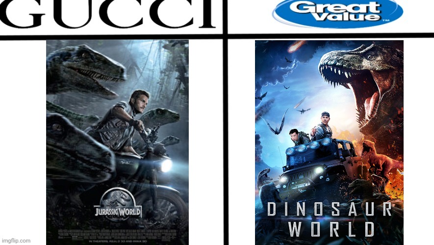 Apparently Steven He is in Dinosaur World | image tagged in gucci great value,jurassic world,ripoff | made w/ Imgflip meme maker