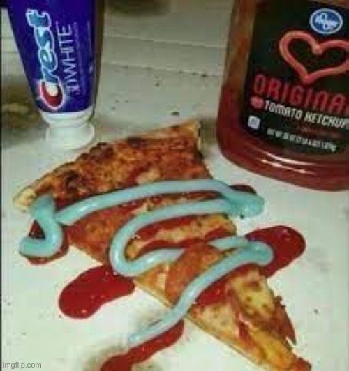 toothpaste and ketchup on peperoni pizza (Mod note: Orange juice is optional but recommended) | image tagged in cursed image,food,wait what | made w/ Imgflip meme maker